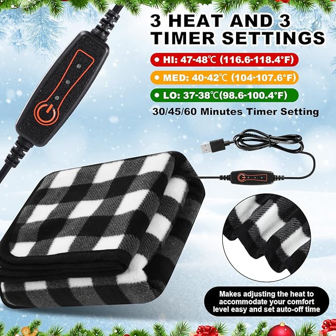 Tuanse 2 Pcs USB Heated Blanket 25"x35" Small Portable 5v 3 Setting Electric Blanket with Timer and Temperature Controller Winter Wearable Recharge Throw for Travel Home(Black and White Plaid)