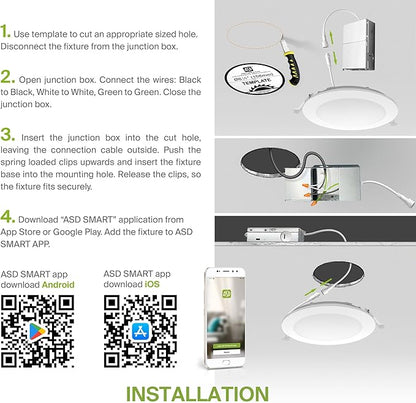 ASD 6 Pack LED Smart Recessed Lighting 6 Inch 15W, RGBW Color Changing Lights, Compatible with Alexa & Google Assistant, Dimmable 2700K-6500K Selectable RGB Lights, WiFi Bluetooth Ceiling Light, ETL