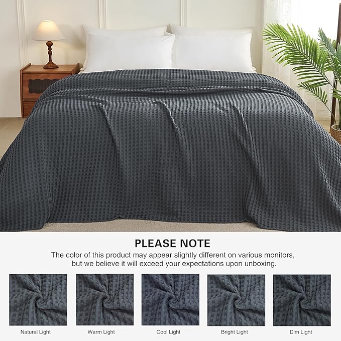 Aganear Waffle Blanket - Lightweight Breathable Summer Blanket of 50% Cotton and 50% Rayon Derived from Bamboo for Hot Sleepers Luxury Throws for Bed, Couch and Sofa,Dark Grey,104x90 Inches