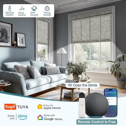 Motorized Blinds with Remote,Light Filtering Smart Roller Shades with App,Voice Control,Thermal Insulated Automatic Blinds,Electric Shades with USB/Solar Pannel.Filter Jacquard Brown