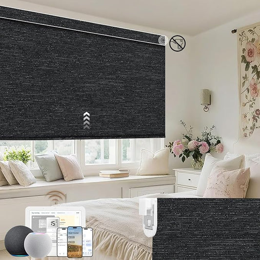 Kincmo No Drill Motorized Blinds with Remote, 100% Blackout Roller Shades for Windows, Custom Electric Blinds Compatible with Alexa, Apple Homekit, Google Home (100% Blackout Starscape Black)