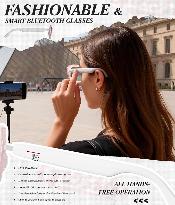 AI Smart Glasses, Bluetooth Glasses for Women Men, Bluetooth Sunglasses with UV Protection, Hands-Free Calls, Music and Voice Control for Outdoor Travel