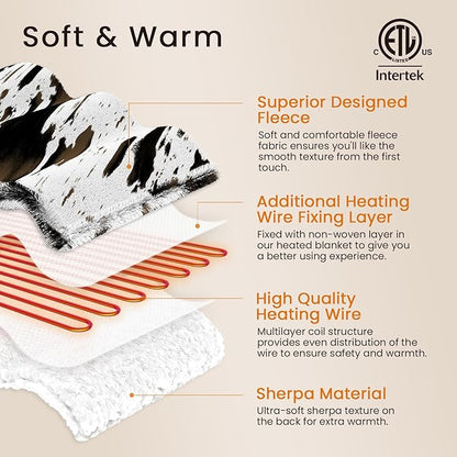 Heated Blanket Twin Blanket - Fast Heating Electric Blanket, Soft Flannel Heated Twin with 4 Time Settings,10 Heating Settings, Warm Gifts for Women & Mom & Grandma(62"x84"Cow Print White)