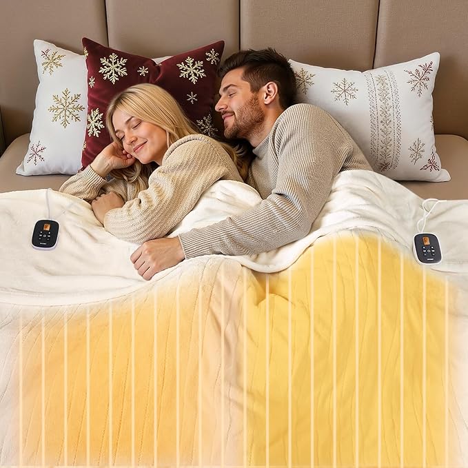 WOOMER Heated Blanket King Size 100" x 90", Electric Blanket with Dual Controllers, 0.5-12 Hours Timer & 10 Heating Levels, ETL Certified, White Double-Sided Velvet, Machine Washable