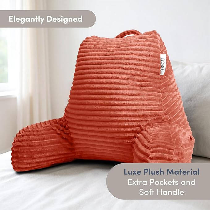 Nestl Reading Pillow with Shredded Memory Foam, Luxe Cut Plush Back Pillow for Sitting Up in Bed, Back and Arms Adjustable Support for Adult & Teens, Backrest Pillows with Washable Cover Misty Rose