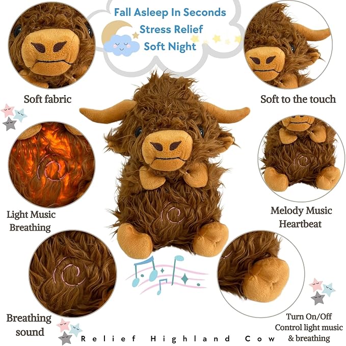Anxiety Relief Koala Highland Cow, Breathing Teddy Anxiety Bear with Calming Music, Lights, Sleeping Otter Plush, Soothing Highland Cow for Adults & Kids, Stress Relief Stuffed Animal