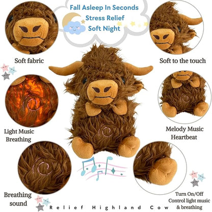 Anxiety Relief Koala Highland Cow, Breathing Teddy Anxiety Bear with Calming Music, Lights, Sleeping Otter Plush, Soothing Highland Cow for Adults & Kids, Stress Relief Stuffed Animal