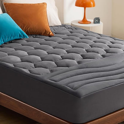 Bedsure RV Short Queen Mattress Pad Cover - Quilted Fitted Mattress Topper Protector with 8-21 Inches Deep Pocket, Noiseless Bed Cover Padded for Camper and Motorhome, Grey, 60x75 Inches