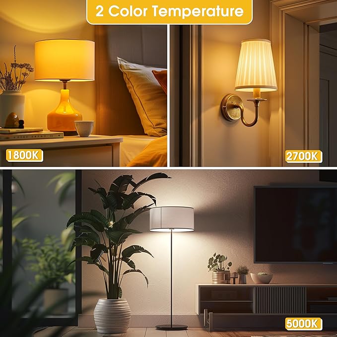 Briignite LED Light Bulbs, Warm Light Bulb 9W Equivalent 60W, A19 E26 Base - 3CCT Adjustable (1800K/2700K/5000K) for Lamps, Amber Night Light Bulbs, Blue Light Blocking, No Blue Light, 2 Pack