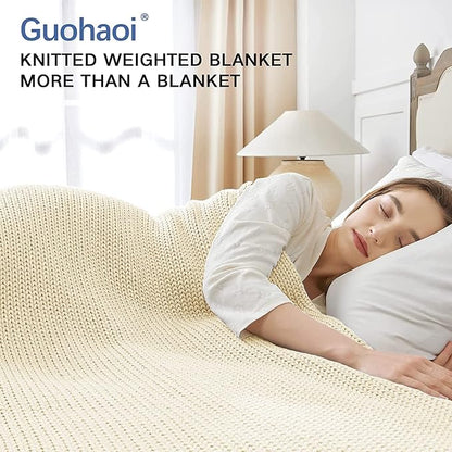 Guohaoi Knitted Weighted Blanket for Adults (Cream 50"x75" 15lbs) No Beads Cooling Throw Blanket for Hot Sleepers, Home Decor Breathable Chunky Knit Heavy Blanket Use on Full Size Bed