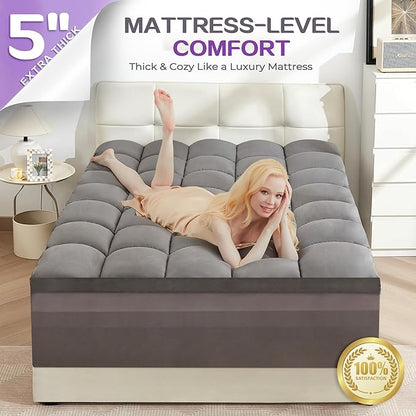 SINWEEK Dual Layer 5 Inch Memory Foam Mattress Topper King Size, 3 Inch Gel Memory Foam Plus 2 Inch 1450 GSM Down Alternative Quilted Pillow Top Mattress Pad Cover, Dark Gray