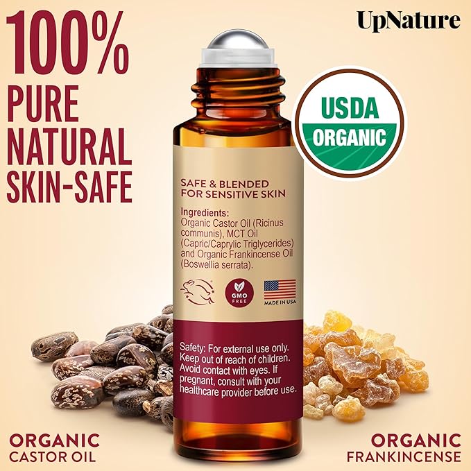 UpNature Beauty Castor Oil Roll On Eye Roller - 100% Organic Frankincense and Castor Oil for Face, Dark Circles, Fine Lines, Under Eyes and Skin