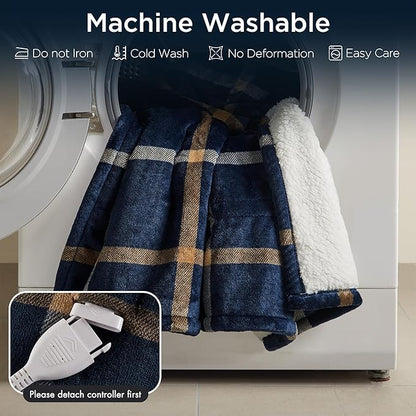 Woolrich Heated Throw Blanket with Ultra Soft Plush and Sherpa Reverse, 12 Heat Settings, Auto Shut-Off, Farmhouse & English Country Gift Throw – Navy Plaid Pattern, 50"x60"