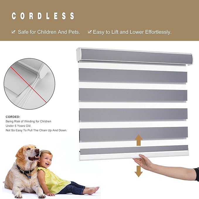 Changshade Zebra Blinds Cordless for Windows Blackout Custom Size, Zebra Roller Shades Dual Layer Horizontal Privacy for Indoor Sliding Glass Doors, Living Room, Bedroom, Bathroom, Nursey, Dark Grey