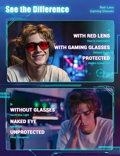 TIJN Sonia Sleep Glasses for Blue & Green Light Blocking,Red Lens with Dual AR Coating,Wraparound Frame for Gaming Screen