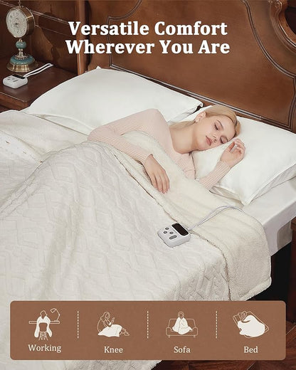 CAROMIO Electric Blanket Full Size - Thick Tufted Sherpa Heated Blanket Full Size with 10 Heating Levels and 10 Time Settings, ETL Certified Machine Washable Fast Heating Blanket Full 72"×84", White