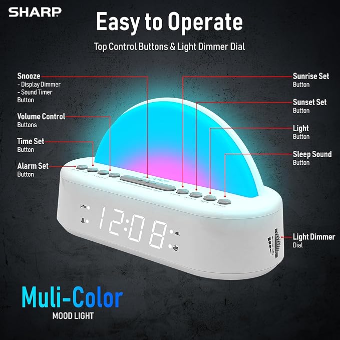 Sharp Sunrise Alarm Clock, Wake Up Gently with Sunrise/Sunset Simulation, Alarms, 5 Tranquil Sleep Aid Sounds, 8 Colors Night Light/Mood Light for Bedroom with 30/60/90 Timer