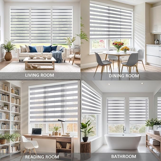 Motorized Zebra Blinds for Windows Cordless Electric Curtains with Remote Control Blackout Shades Custom Smart Blinds Compatible with Alexa Google Home(Light Filtering Grey,W26 X 72in)