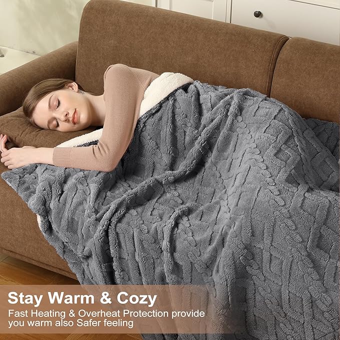 Heated Blanket King Size Electric Blanket Dual Control, Wireless Heating Blanket with 10 Heat & 10 Time Setting, Fasting Heating Sherpa Tufted Blanket for Bed, ETL Certified, Grey,90"x100"