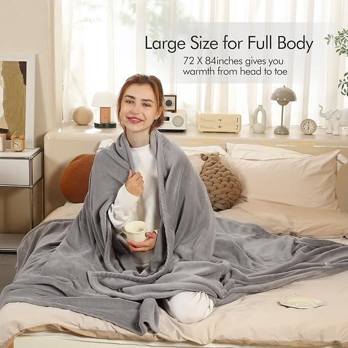 ESTINGO Heated Blanket Full Size - 72"x84" Full Size Electric Blanket with Preheat Function & Overheat Protection, 6 Heating Levels Heated Blanket with 1-10 Hours Adjustable Timer, Light Gray