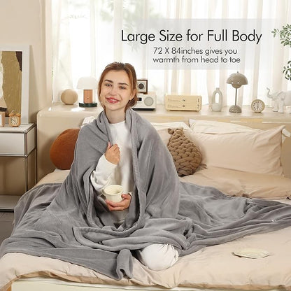 ESTINGO Heated Blanket Full Size - 72"x84" Full Size Electric Blanket with Preheat Function & Overheat Protection, 6 Heating Levels Heated Blanket with 1-10 Hours Adjustable Timer, Light Gray