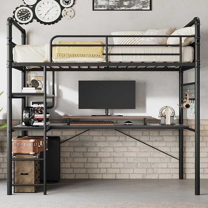 GarveeHome Loft Bunk Bed with L-Shaped Desk, Twin Loft Bed with Desk Underneath, Metal Bunk Beds with High Guardrail and Ladder for Kids/Teens/Adults, Easy Assembly, Vintage Black
