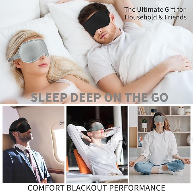 3D Sleep Mask for Men Women 2 Pack, Blackout Eye Mask for Sleeping Eye Mask for Side Sleeper, Memory Foam Adjustable&Washable, Airplane Travel Essentials Couples Yoga Meditation Black & Silver-Gray