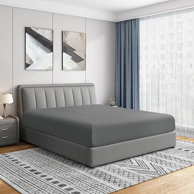 Cathay Home King Fitted Sheet - Double Brushed Ultra Soft – Wrinkle & Fade Resistant - 16" Deep Pocket Fitted Sheet Only - Good Fit for 14"-18" Deep Mattress (King, Gray)