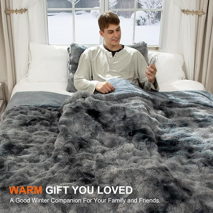 Faux Fur Heated Blanket Twin Size 62"X84" - Bubble Electric Blanket Fluffy Soft Fuzzy with 6 Fast Heating Levels & 10 hrs Timer Settings, Washable & ETL Certified for Office Bed, Tie-Dye Blue