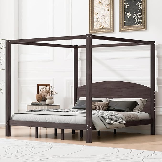 LUMISOL King Size Canopy Bed Frame with Headboard, Wood Platform Bed with Under Bed Storage, Four Poster Bed Frame with Slat Support Leg, No Box Spring Needed, Brown Wash