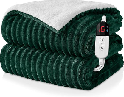 Electric Heated Throw Blanket - 50"x60" Fast Heating Bed Blankets with 6 Heating Levels & 4 Hours Auto Off, Soft Ribbed Flannel Sherpa, Over-Heated Protection ETL, Dark Green