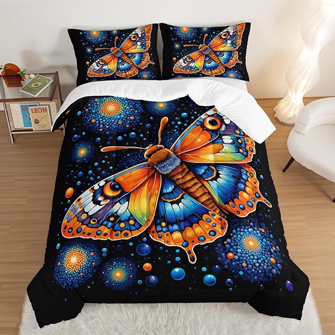 Gothic Butterfly Bedding Set Queen Size,Colorful Granular Ball Printed Bedding Comforter Sets,Insect Themed Comforter Set for Kids Girls Boys,Aesthetic Bedding Sets with 2 Pillowcases.