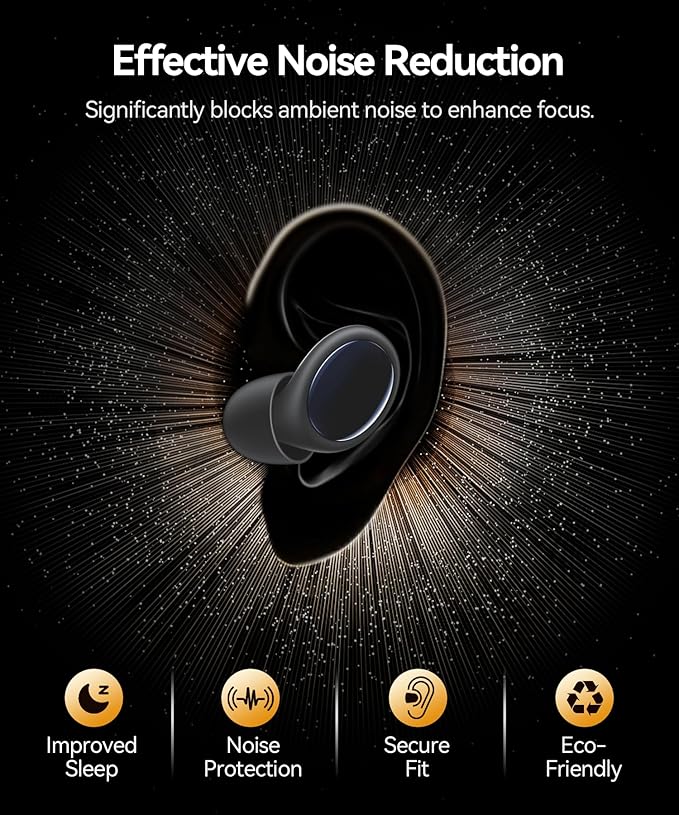 Ear Plugs for Sleeping 45dB Noise Cancelling Ear Plugs for Noise Reduction & Snoring, Concerts, Earplugs for Sleep, Sider Sleepers Airplane, Silicone Earplugs Reusable Concert Ear Plug +8Tip DarkBlack