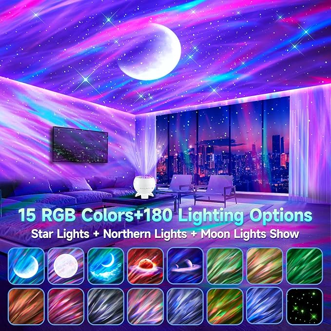 Sound Machine White Noise Machine for Sleeping, 15 Soothing Sounds & Bluetooth Speaker Aurora Light Projector, 15Colors White Noise Sound Machine for Sleep Therapy for Adults & Kids with Remote+Timer