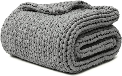 YnM 100% Cotton Weighted Blanket, Handmade Chunky Knitted Throw, No fillers Design, Soft and Breathable, Machine Washable Bed Blanket for Sleep or Home Decor (Lighte Grey, 80x84 Inch, 35lbs)