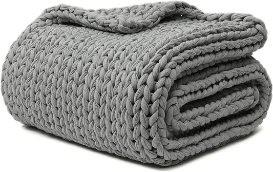 YnM 100% Cotton Weighted Blanket, Handmade Chunky Knitted Throw, No fillers Design, Soft and Breathable, Machine Washable Bed Blanket for Sleep or Home Decor (Lighte Grey, 80x84 Inch, 35lbs)