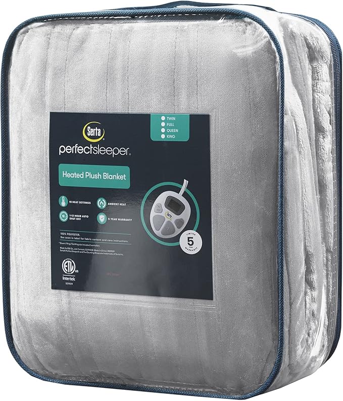 Serta Luxuriously Soft Plush Electric Blanket Fast Heating Cozy Cover, Safety Auto Shut Off Timer, Low EMF, Multi Heat Setting, ETL Certified, Machine Washable, Smoke Grey King (92 in x 100 in)