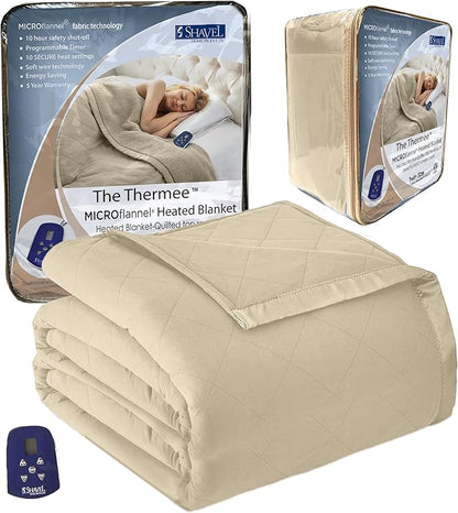 Thermee Micro Flannel Twin-Size Electric Heated Blanket, 10 Heat Settings with Timer & Safety Shutoff, Fast Heating Warm Blanket, Machine Wash & Dry, 85Lx66W, Tan