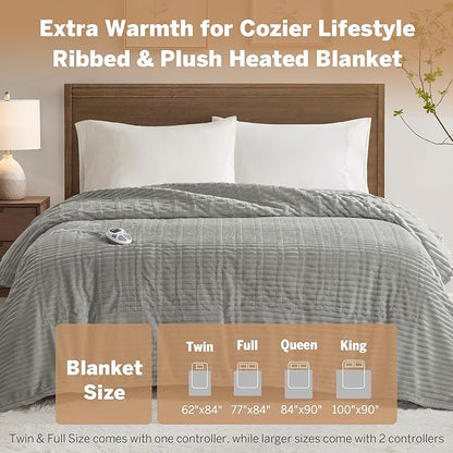 Serta Electric Blanket, Soft, Ribbed, Plush Heating Blanket Twin for Office, Couch, 1-12 hr Auto Shut Off Timer, 10 Lv Heating, ETL Certified, Twin 62"x84" Mineral Grey