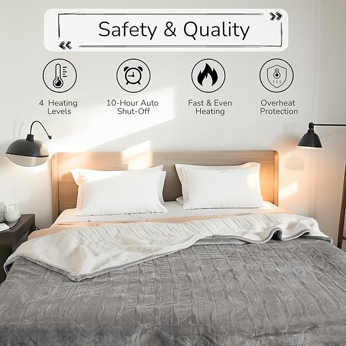 Electric Heated Blanket 72"x84" Full Size - Dual-Sided with Microplush & Sherpa Fabric, 4 Heat Settings & 10 Hours Auto Off, Machine Washable - Light Gray