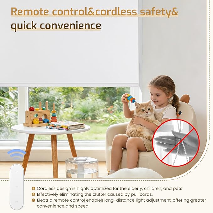 Grandekor Motorized Blinds with Remote Control, Blackout Roller Shade Electric Shades Cordless Smart Blinds for Bedroom Living Room Office,White,W34.5xH72