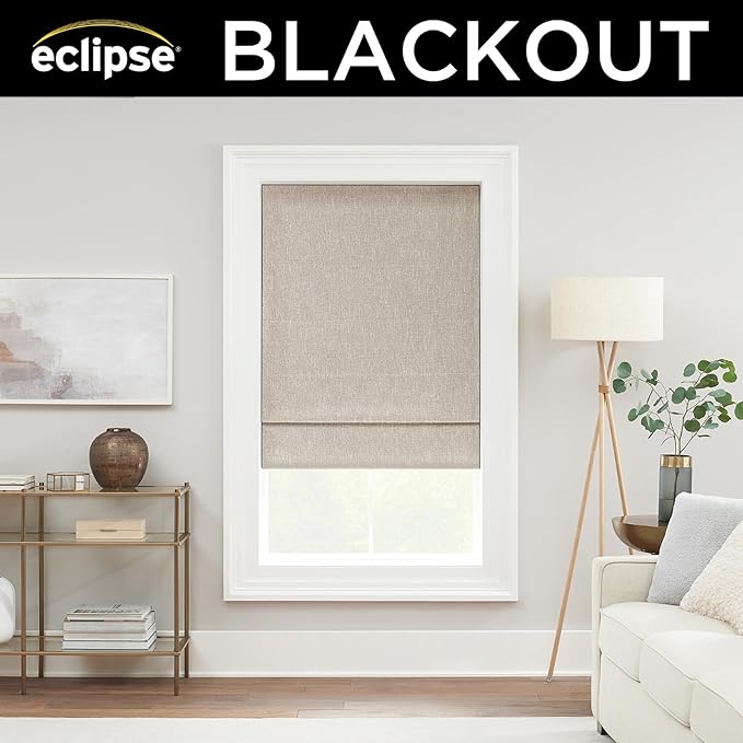 Eclipse Drew Roman Shades for Windows, Cordless 100% Blackout Shades, 23 in Wide x 64 in Long, Noise Reducing, Energy Efficient and Textured Solid Window Shades for Living Room, Bedroom, Linen