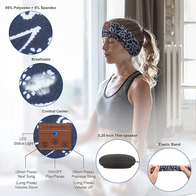2-Pack Sleeping Headphones Bluetooth Headband, Wireless Headband Headphones with Ultra-Thin Speakers, Comfortable for Side Sleepers, Running, Adults, Unisex, Blue+Grey, One Size