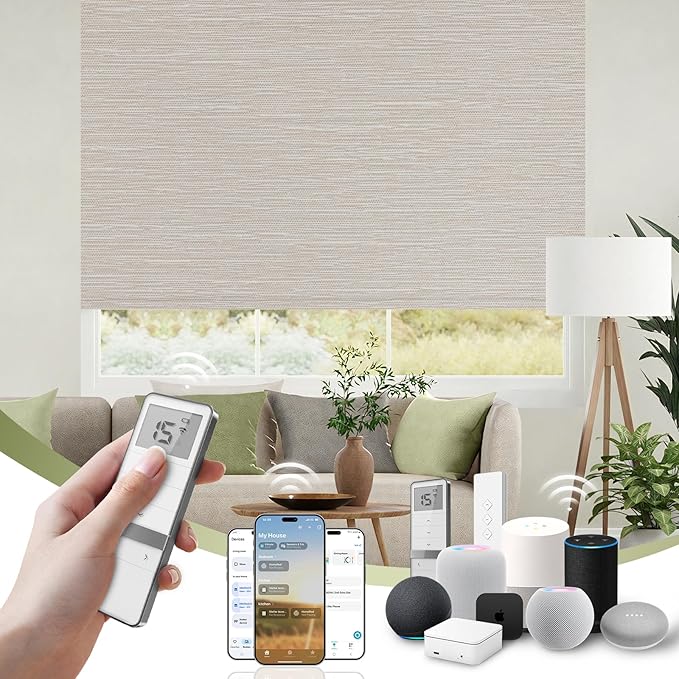 FineTell Motorized Blinds with Remote, 100% Blackout Roller Shades Compatible with Alexa,Apple Homekit,Google Home APP and Voice Control, Customized Electric Blinds (100% Blackout Dreamy Beige)