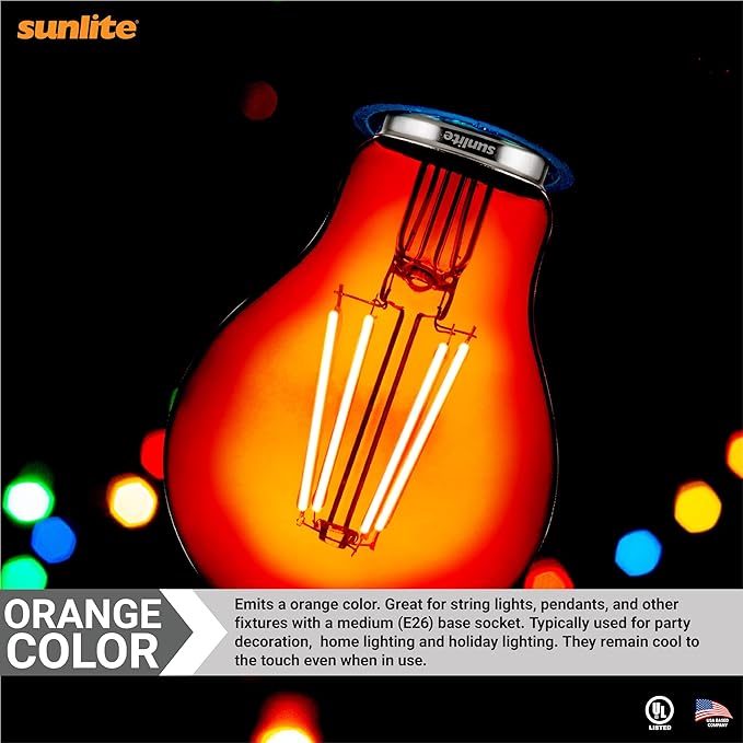 Sunlite 81085 LED Colored Filament A19 Light Bulb, 4.5 Watts, Medium E26 Base, 120 Volts, Transparent Orange, Dimmable, 320 Degree Beam Angle, UL Listed, 2 Count