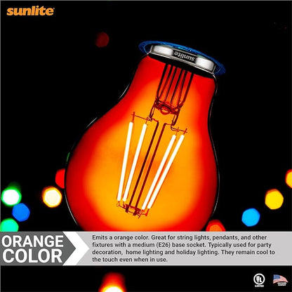 Sunlite 81085 LED Colored Filament A19 Light Bulb, 4.5 Watts, Medium E26 Base, 120 Volts, Transparent Orange, Dimmable, 320 Degree Beam Angle, UL Listed, 2 Count