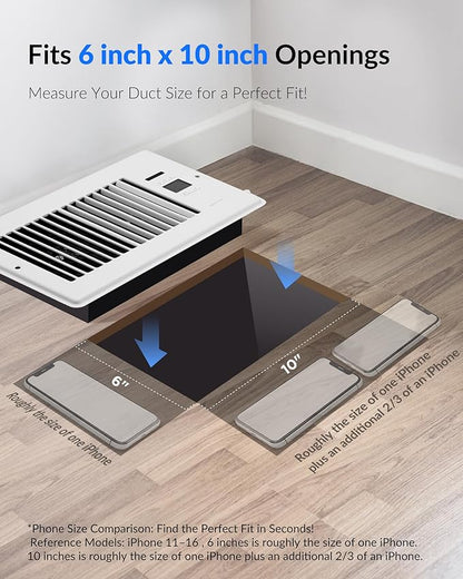 Super Quiet Register Booster Fan for 6" x 10" Register Holes, Smart Register Vent with Dual Intelligent Thermostat and WIFI App Control, Heating Cooling AC Vent Fan (White)