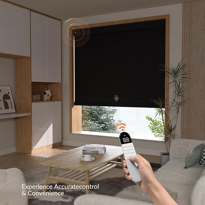 Boolegon Motorized Roller Blinds with Remote Control, Blackout Linen Fabric-Matched Automatic Roller Shades for Windows, Rechargeable Electric Window Shades for Home, Office, Black, Custom Now