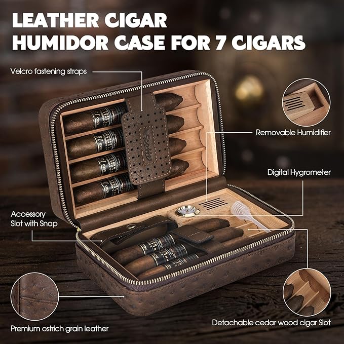 Scotte Cigar Humidor Box, Cedar Wood Lined Leather Case with Built-in Hygrometer & Humidifier, Torch Lighter with Cigar Holder & Punch - Portable Travel Humidor Kit (Dark Brown)