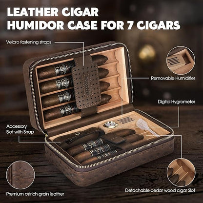 Scotte Cigar Humidor Box, Cedar Wood Lined Leather Case with Built-in Hygrometer & Humidifier, Torch Lighter with Cigar Holder & Punch - Portable Travel Humidor Kit (Dark Brown)